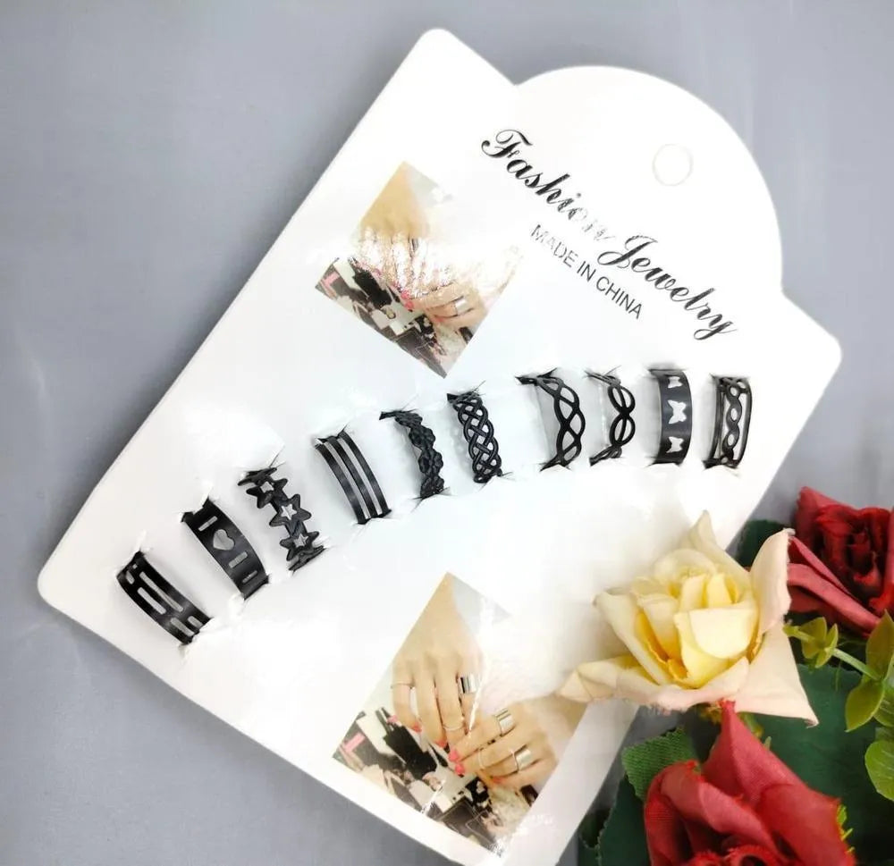 10Pcs Adjustable Black Gold Silver Rings Set for Men Women