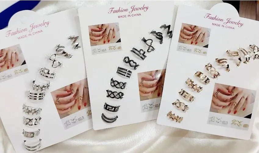 10Pcs Adjustable Black Gold Silver Rings Set for Men Women