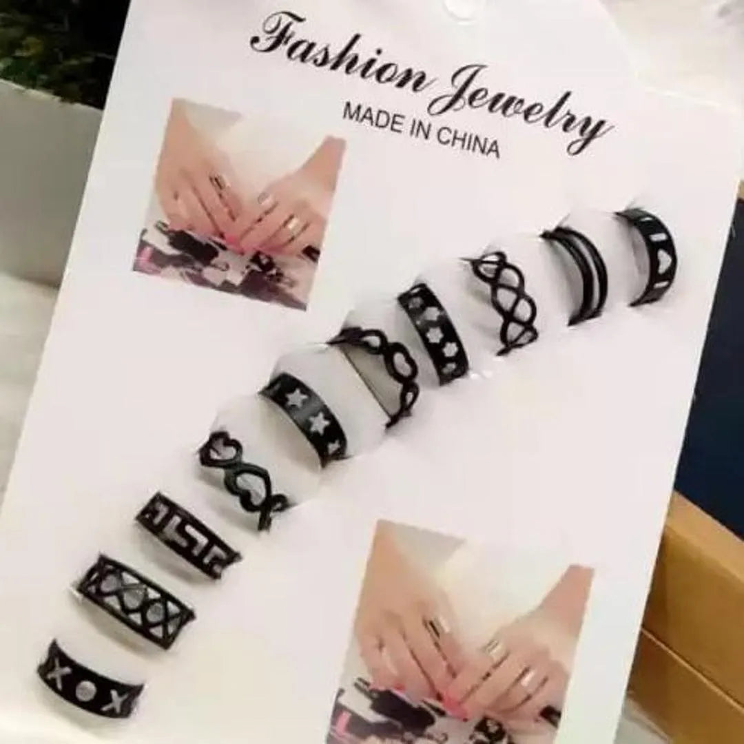 10Pcs Adjustable Black Gold Silver Rings Set for Men Women