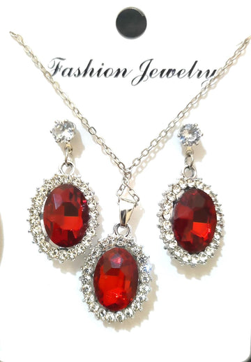 Red Gemstone Pendant Set for Women, 3 Pcs, Silver, Vintage Elegant Design