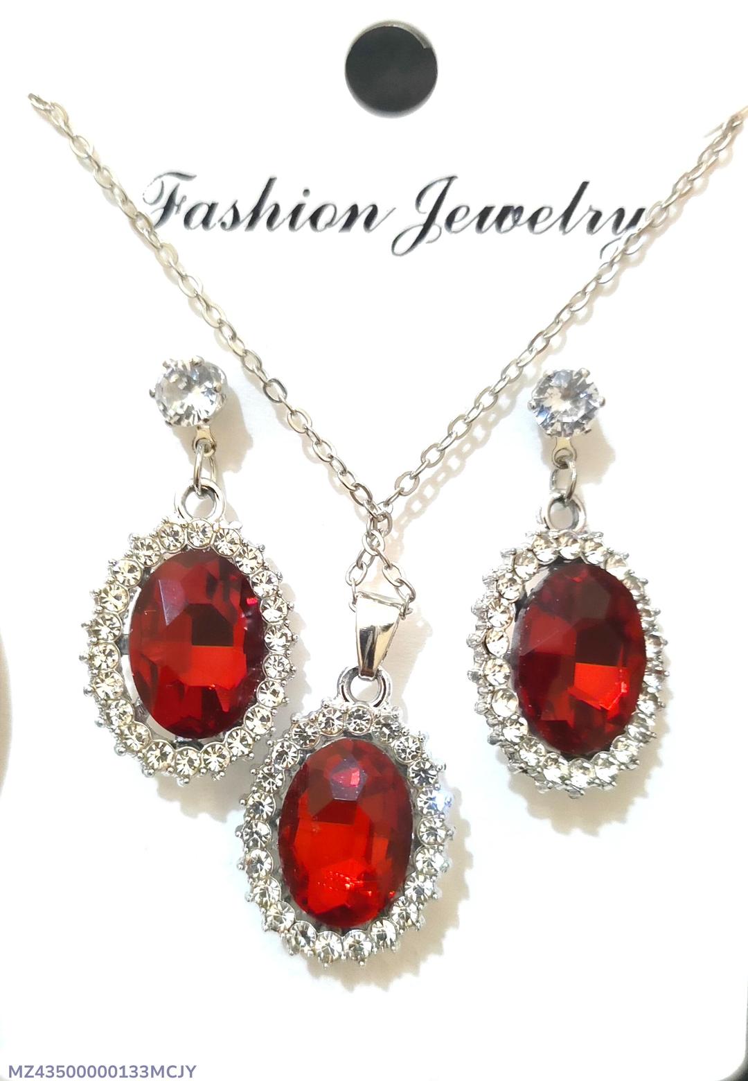 Red Gemstone Pendant Set for Women, 3 Pcs, Silver, Vintage Elegant Design